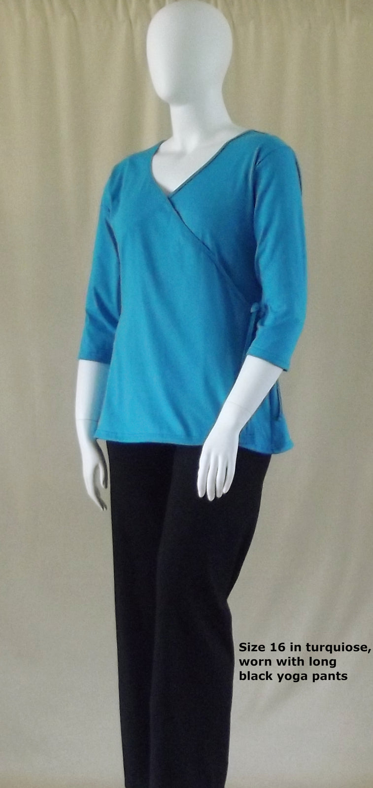 turquoise 3/4 sleeve cotton wrap top in plus size