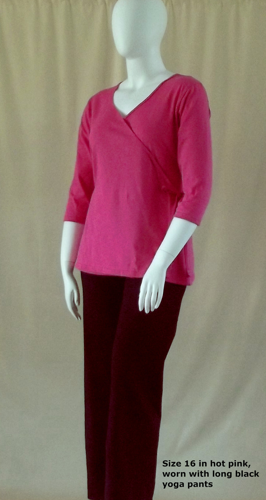 Australian made hot pink cotton wrap top with 3/4 length sleeves