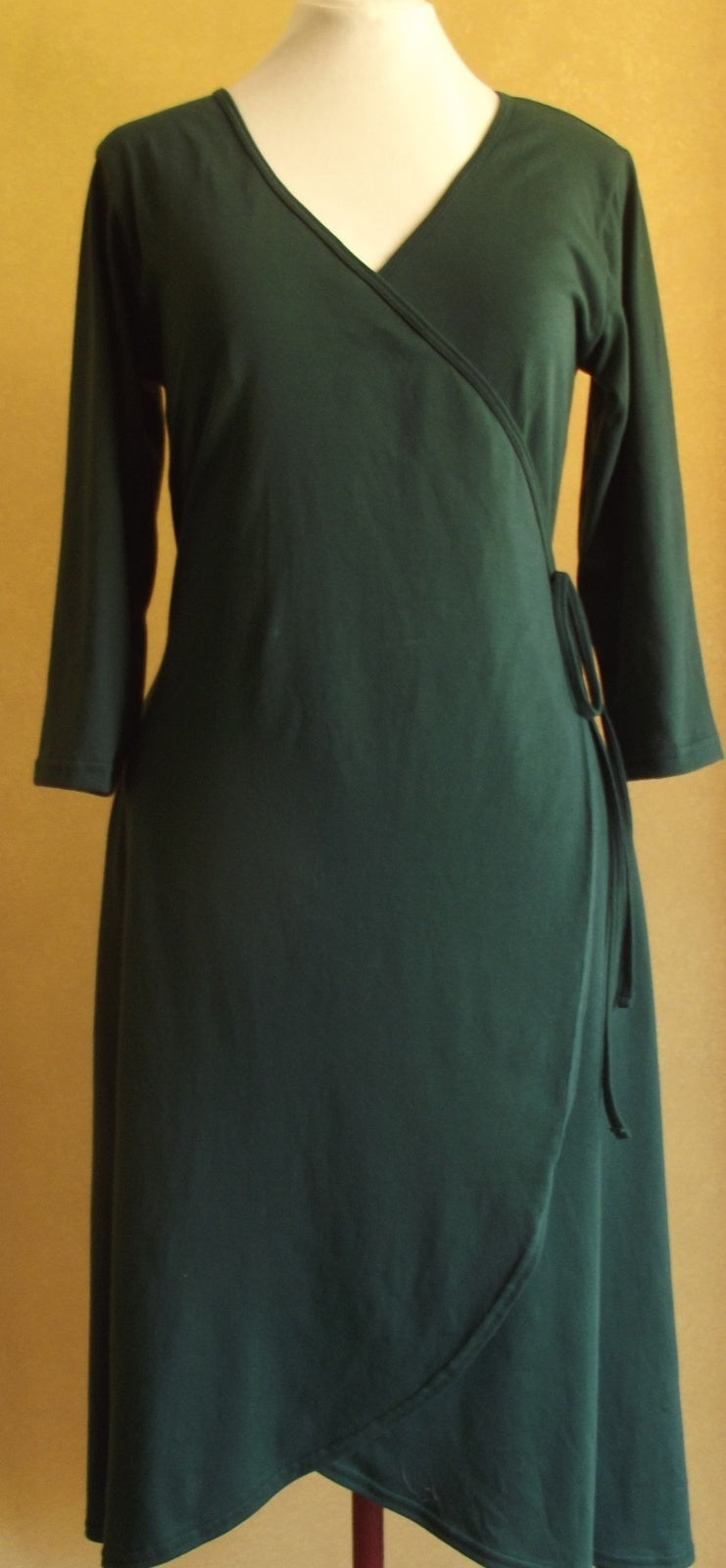 bottle green Australian made cotton wrap dress with 3/4 sleeves