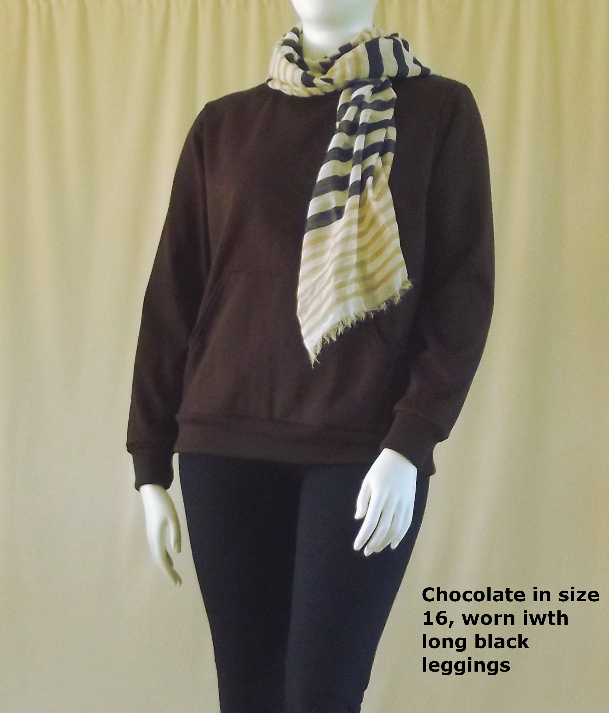 chocolate brown fleecy sweatshirt worn with scarf