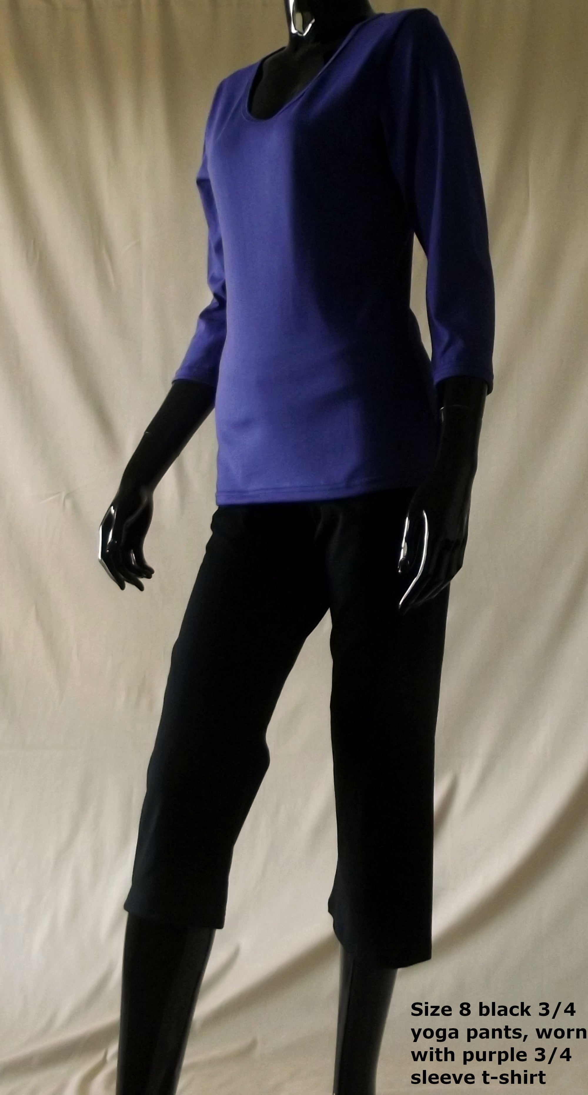purple 3/4 sleeve cotton womens top with 3/4 length womens black yoga pants