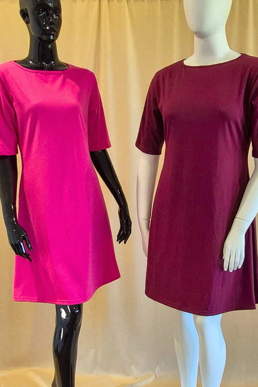 hot pink and maroon cotton boat neck dress- knee length with elbow length sleeves