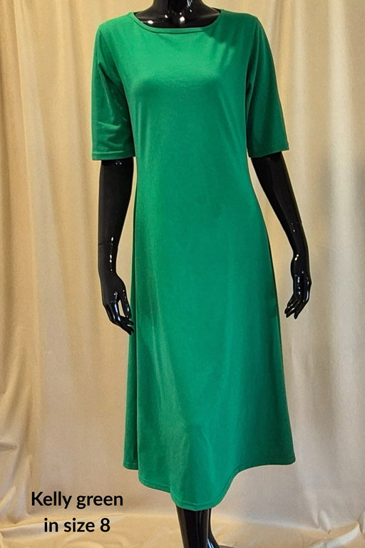 Kelly green cotton boat neck dress- mid calf length with elbow length sleeves
