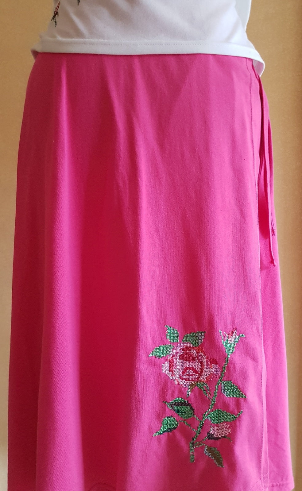 hot pink women's cotton wrap skirt with rose embroidery