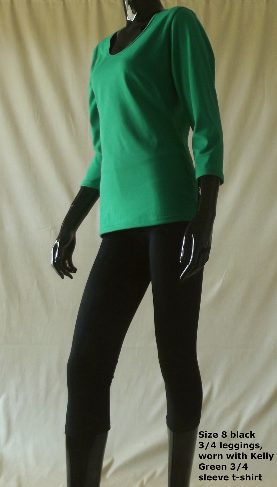 kelly green women's Australian made 3/4 sleeve cotton t-shirt and black 3/4 length leggings