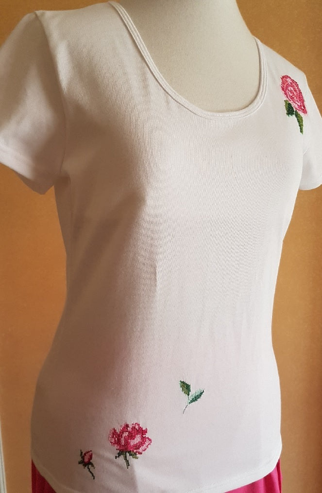 white women's cotton t-shirt with rose embroidery