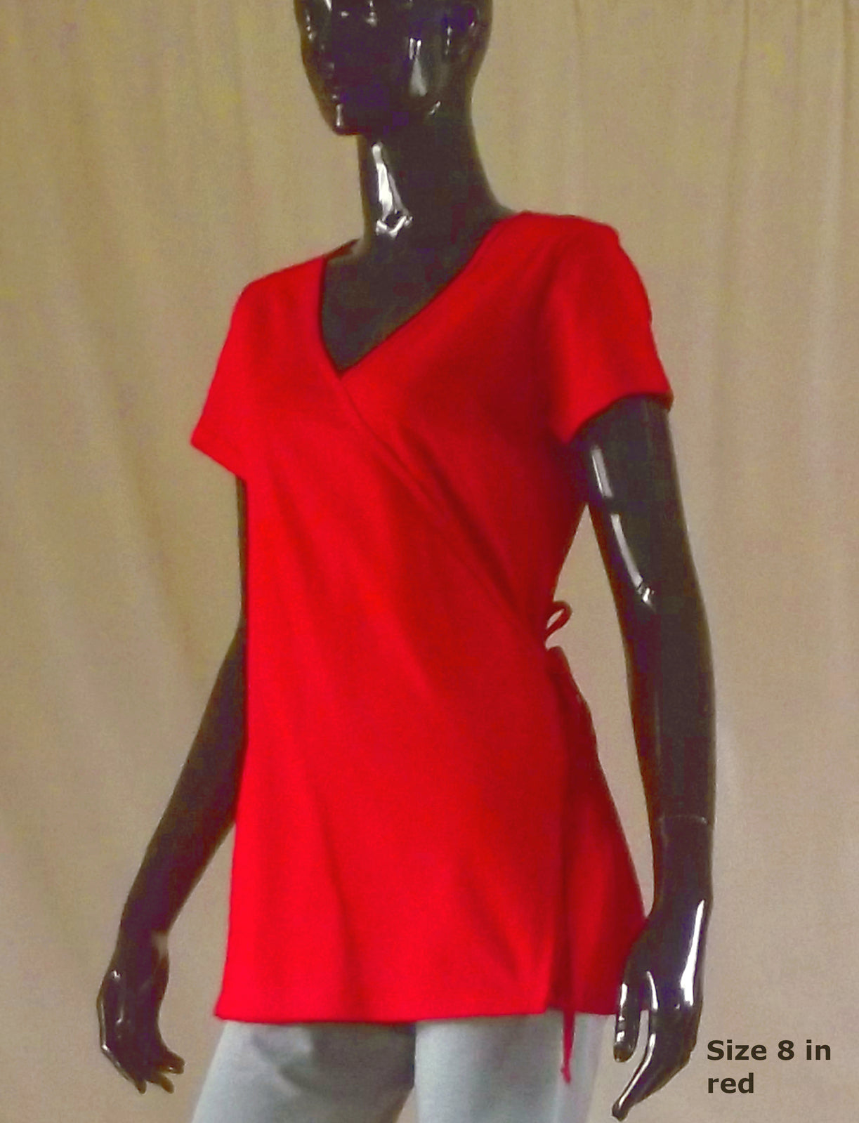red short sleeve cotton wrap top for women