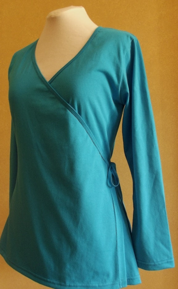 turquoise cotton wrap top with long sleeves