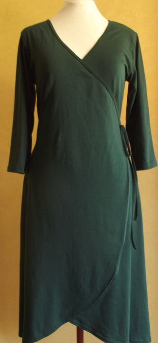 bottle green Australian made cotton wrap dress with 3/4 sleeves