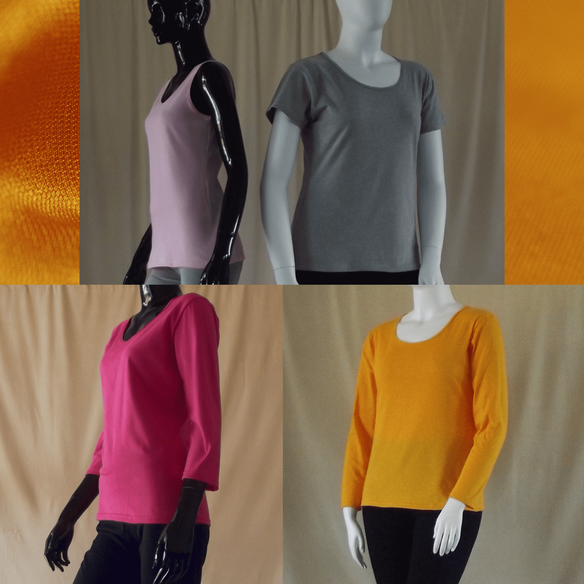 a picture of a baby pink womens cotton singlet, a grey marle womens short sleeve t-shirt, a hot pink womens 3/4 sleeve cotton t-shirt and a yellow long sleeve womens top