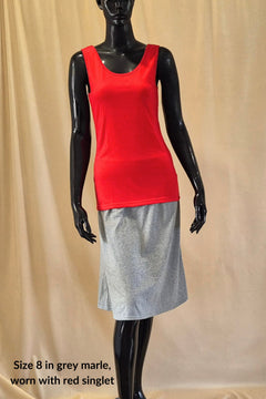 Grey marle cotton A-line skirt worn with red cotton singlet