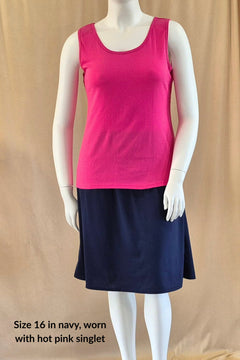 naavy plus size Australian made cotton A-line skirt worn with hot pink singlet