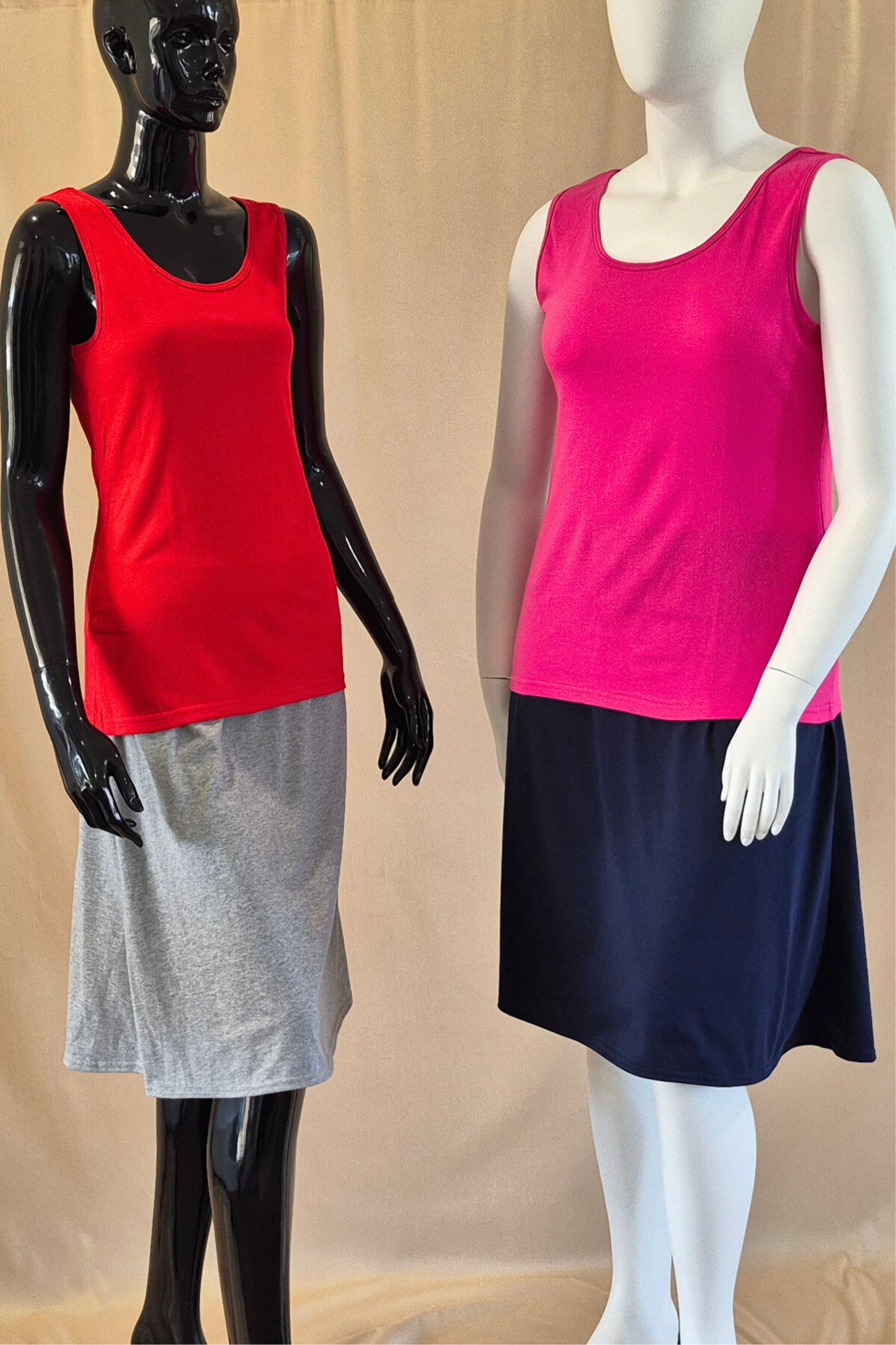 Australian made cotton knee length skirts worn with cotton singlets