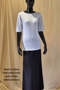 Australian made white cotton boat neck t-shirt with elbow sleeves and black long A-line cotton skirt