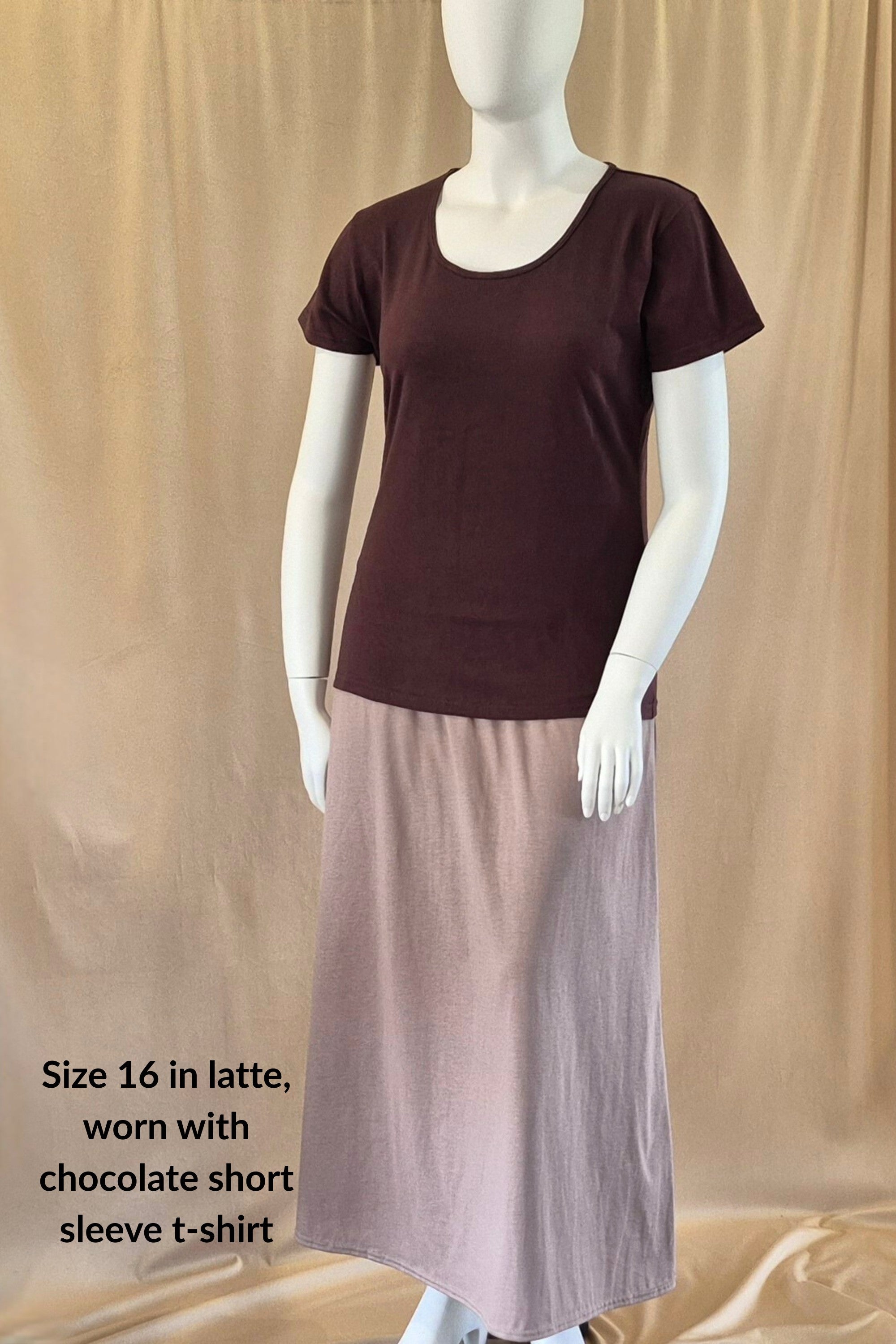Australian made cotton chocolate short sleeve t-shirt and a long latte cotton A-line skirt