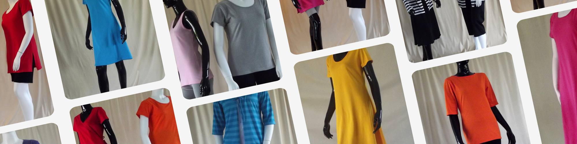 Grid of various Australian made cotton dresses and tops in different colours and styles on a neutral background