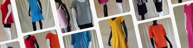 Grid of various Australian made cotton dresses and tops in different colours and styles on a neutral background