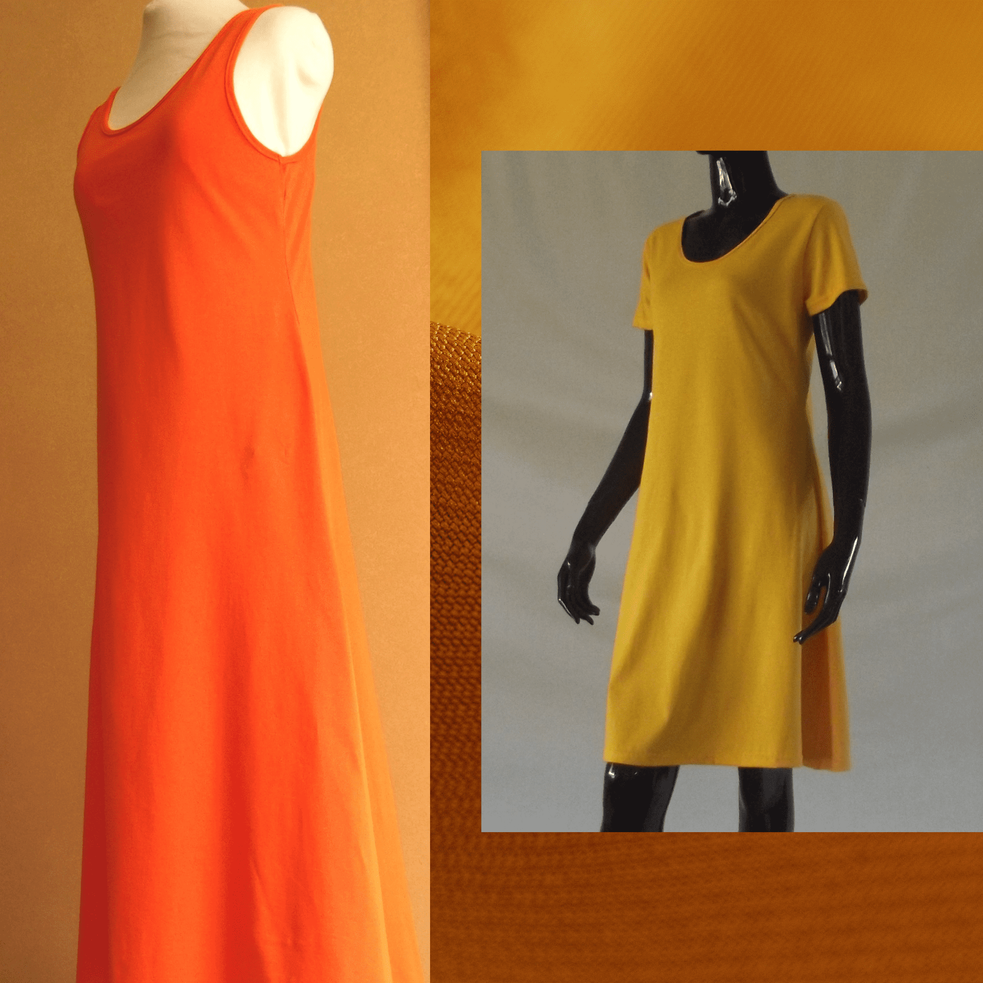 orange womens cotton sleeveless dress and yellow knee length women's cotton dress