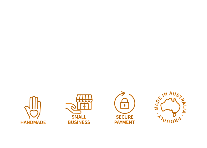 trust badges showing a handmade symbol, a small business symbol, a secure payment, symbol and a proudly made in Australia symbol