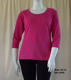 3/4 sleeve hot pink cotton t-shirt in plus size