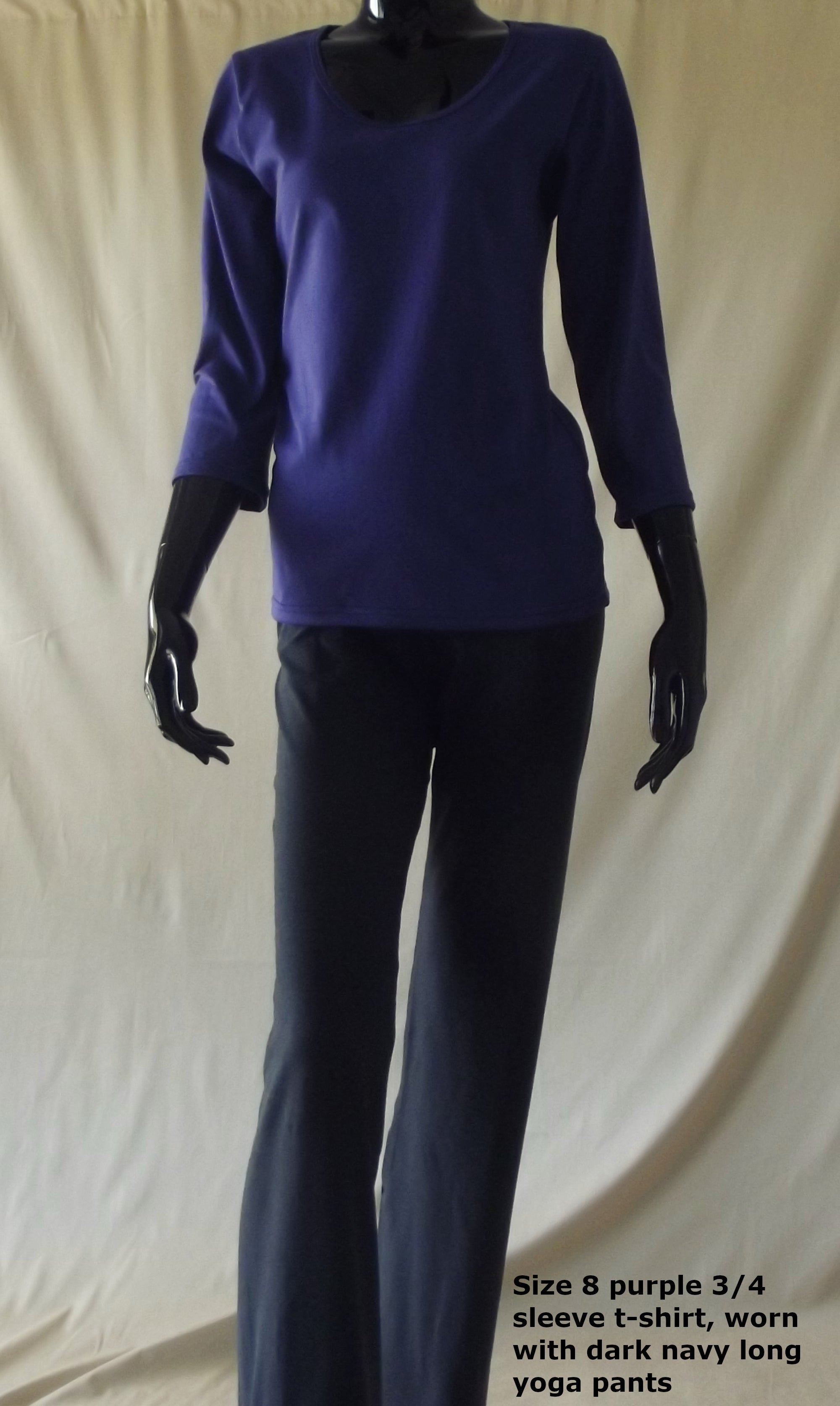 purple 3/4 sleeve womens t-shirt with long navy stretchy womens pants