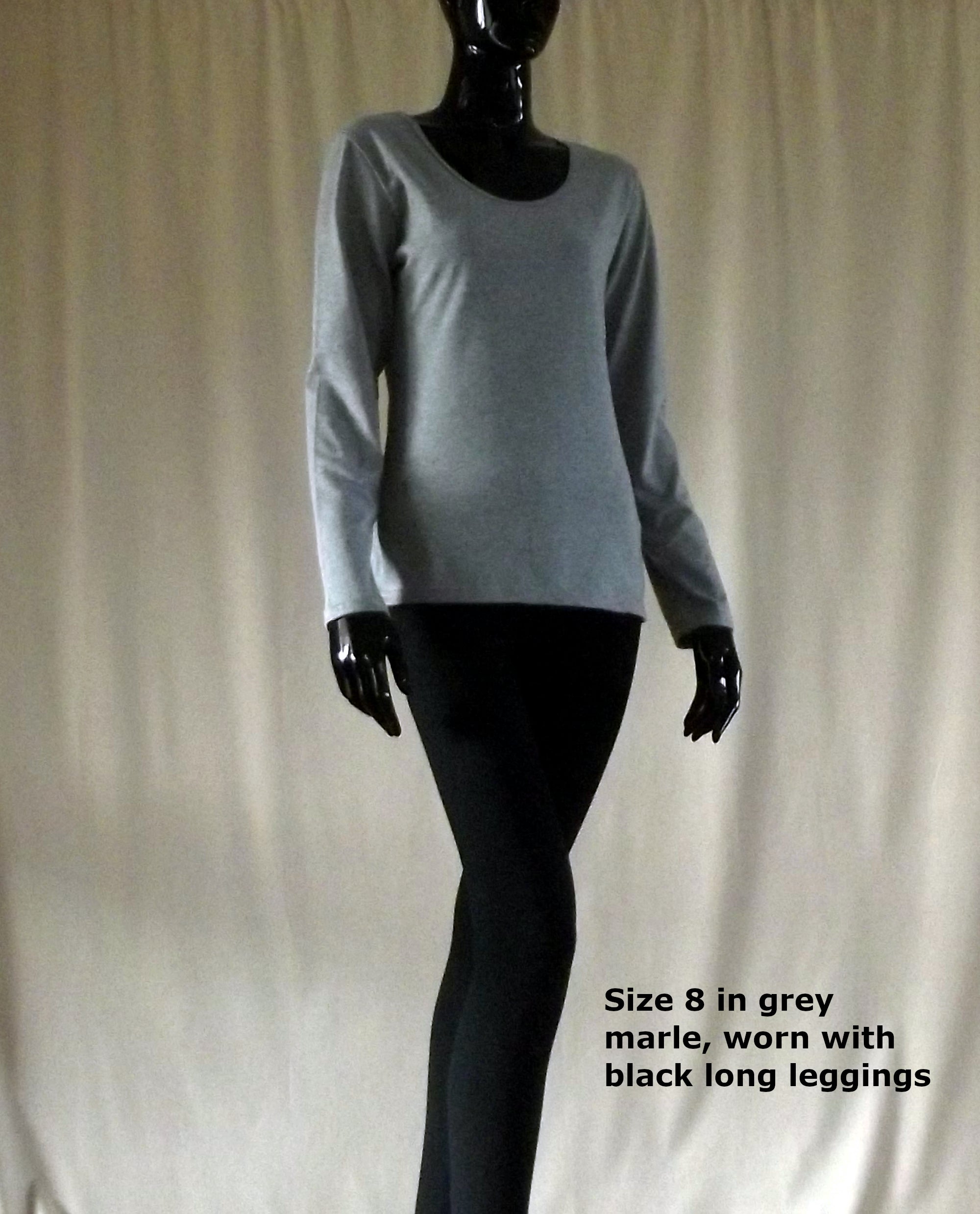 Women's Australian made cotton long sleeve t-shirt in jgrey marle, worn with Australian made long black leggings