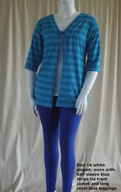 Plus size blue stripe tie front jacket worn with leggings and women's cotton singlet