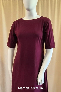 plus size Maroon cotton boat neck dress mid calf length with elbow sleeves