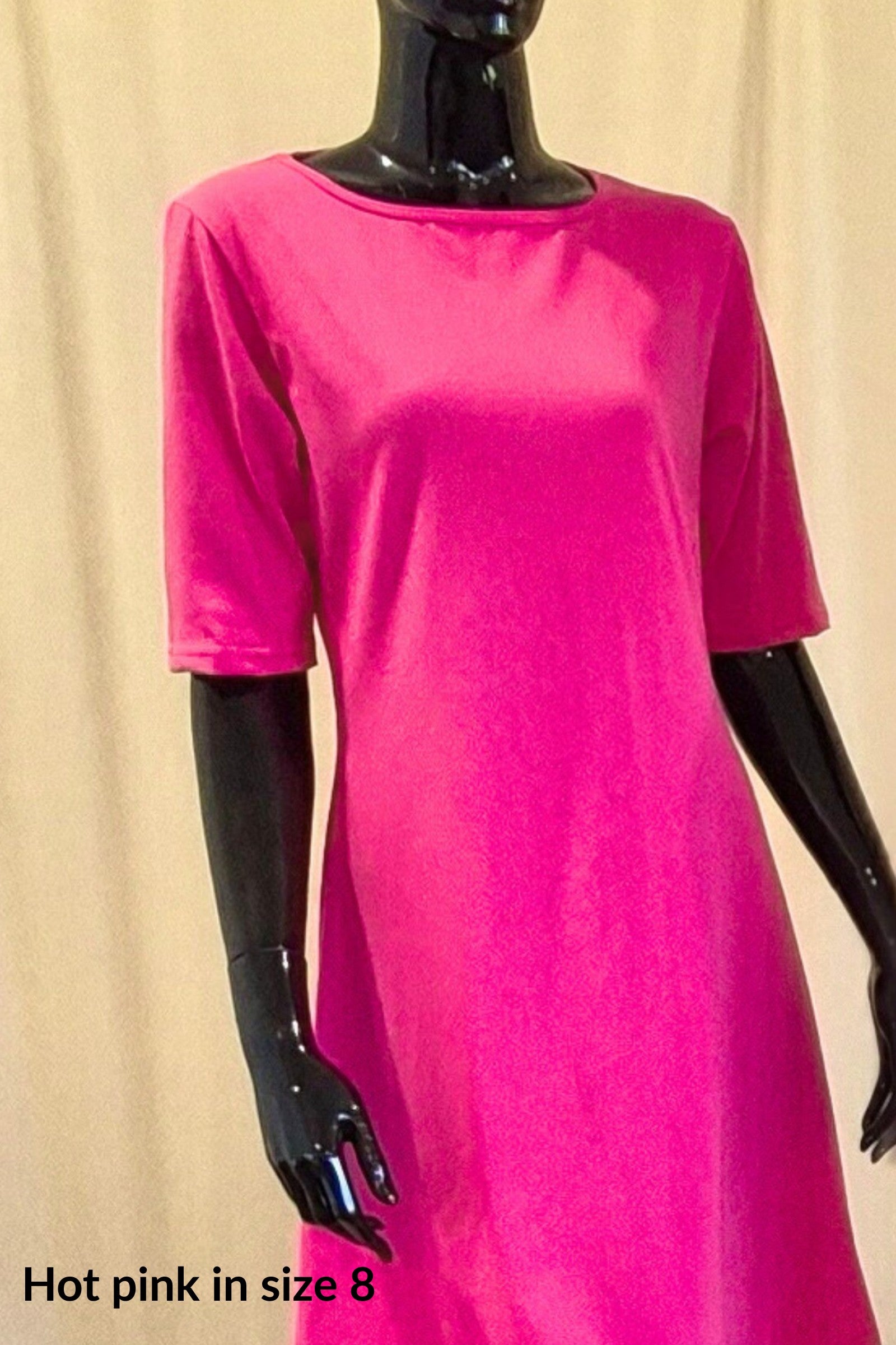 Australian made cotton jersey boat neck dress in hot pink with elbow length sleeves