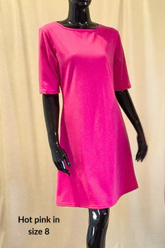 hot pink Australian made cotton boat neck dress- knee length with elbow length sleeves