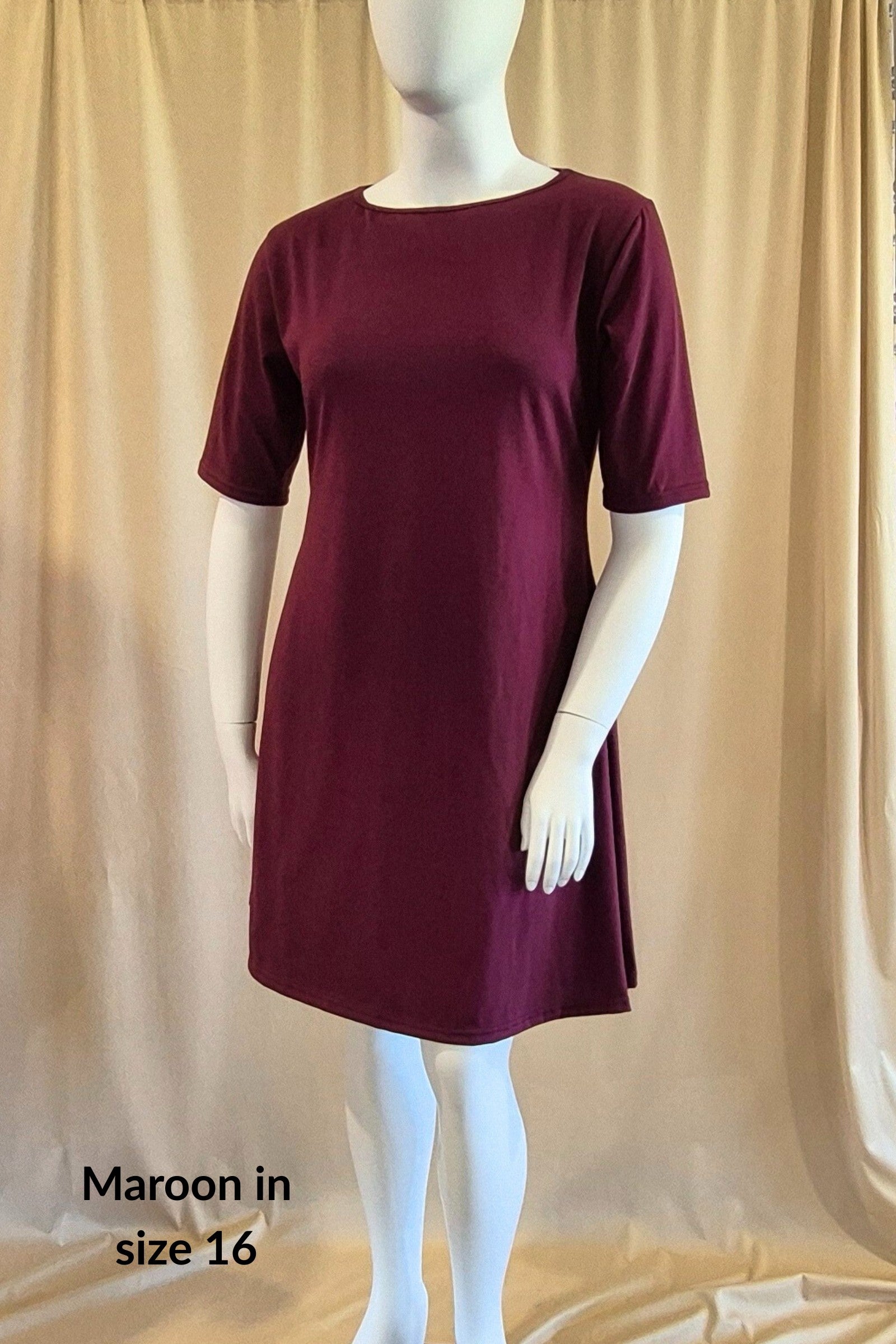 Australian made maroon plus size cotton boat neck dress- knee length with elbow length sleeves