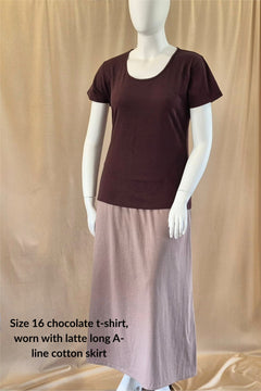 plus size chocolate t-shirt with a latte long A-line cotton skirt 