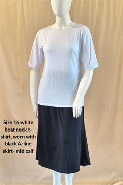 Australian made white boat neck t-shirt and black A-line skirt 