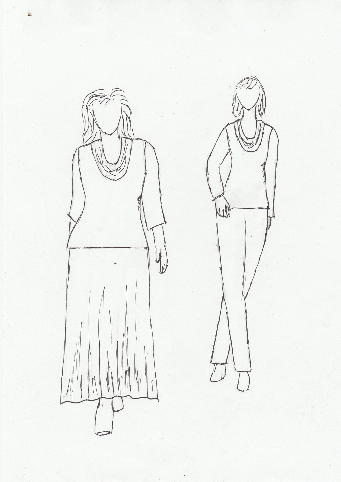 a sketch of cowl neck tops on models