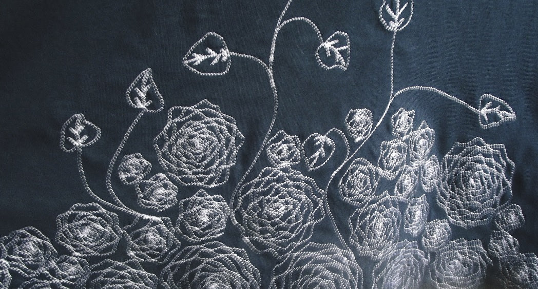 close up of white embroidery on navy cotton dress