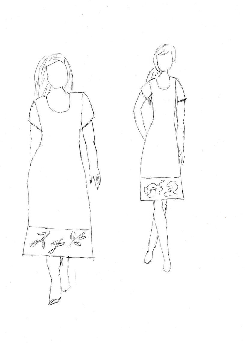 trade sketch of Short Sleeve Dress with Fabric Designer Hem Detail