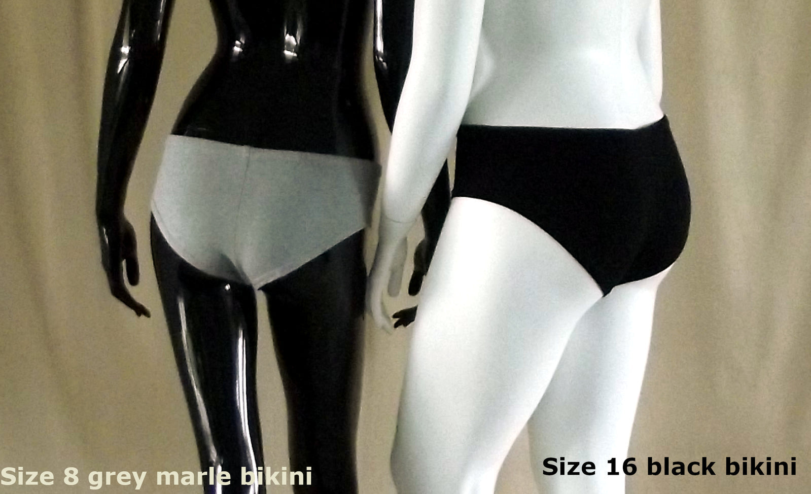 back view of grey marle womens bikini underwear and plus size black bikini briefs