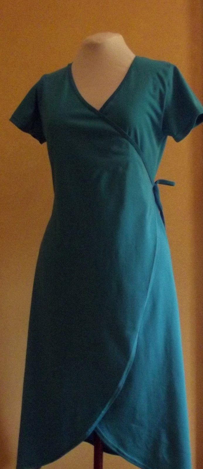 turquoise cotton women's wrap dress with short sleeves