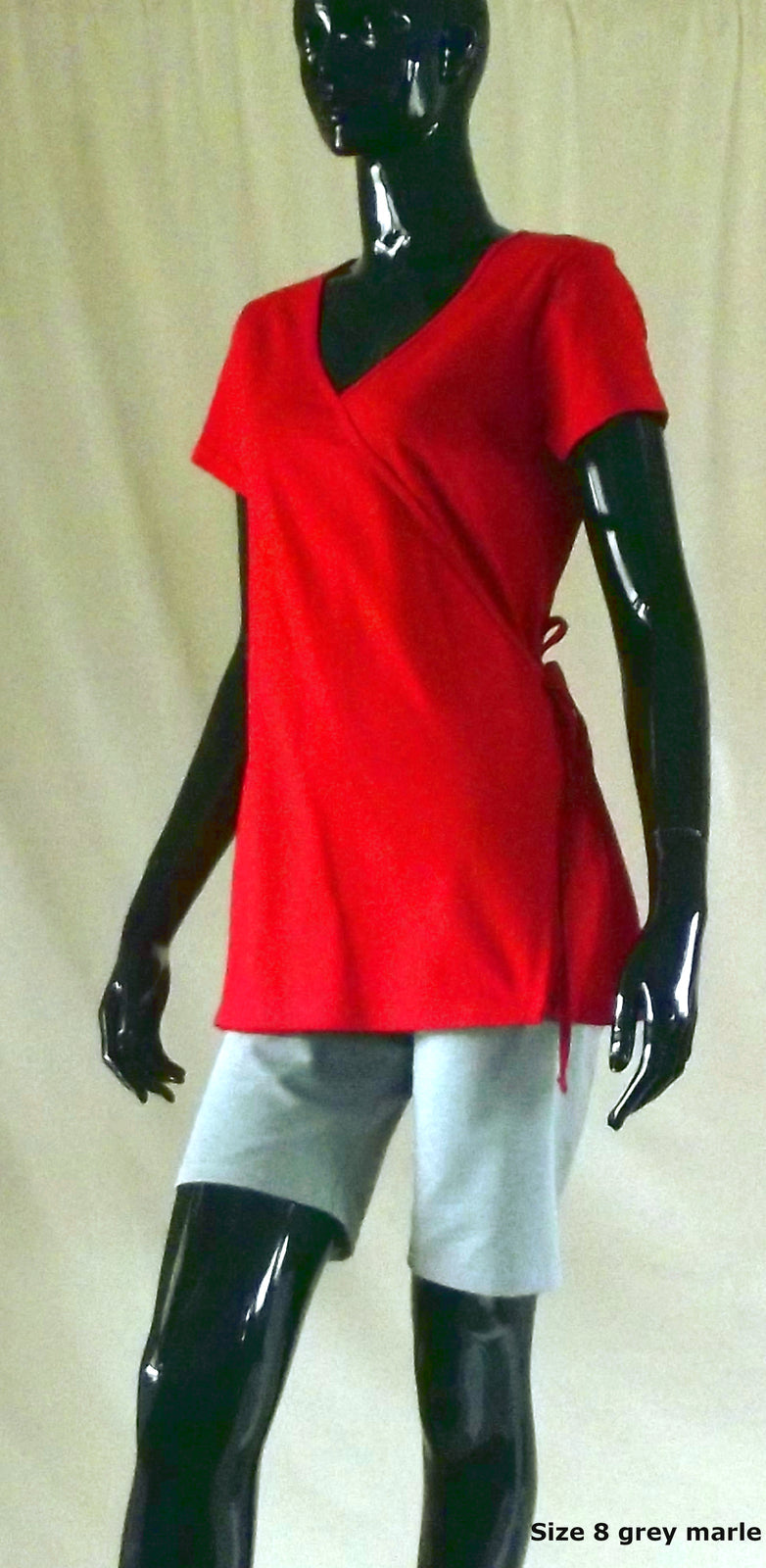 red short sleeve 100% cotton wrap top with grey marle women yoga shorts
